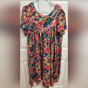 Vintage Sita 1980s Floral Cotton Trapeze Dress, Size L